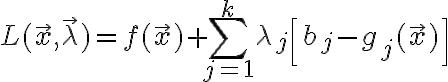 $L(\vec{x},\vec{\lambda})=f(\vec{x})+\sum_{j=1}^k \lambda_j \left[ b_j - g_j(\vec{x}) \right]$